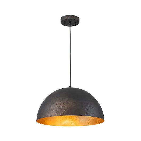PCover Industrial 15 in. 1-Light Black Dome Pendant Light with Gold Leaf Interior Potlid Lighting for Kitchen Island