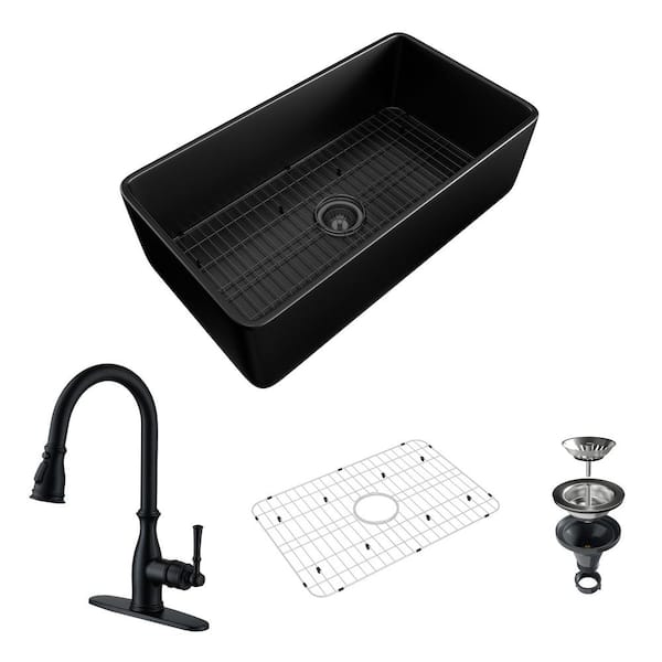 Boyel Living 33 in. Farmhouse/Apron-Front Single Bowl Fireclay Kitchen Sink with Matte Black Faucet, Bottom Grid and Strainer Basket