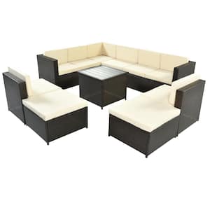 9-Piece Brown Wicker Outdoor Sectional Seating Set with Beige Cushions and Ottoman, Patio Furniture Sets