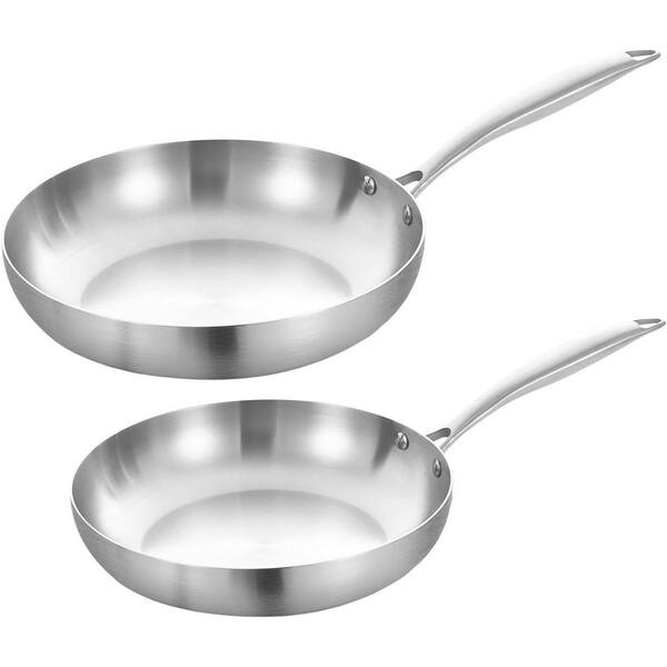 9.5-10 Inch 2-Piece Tri-Ply Stainless Steel Frying Pan Set Induction Compatible Dishwasher Oven Safe Cookware
