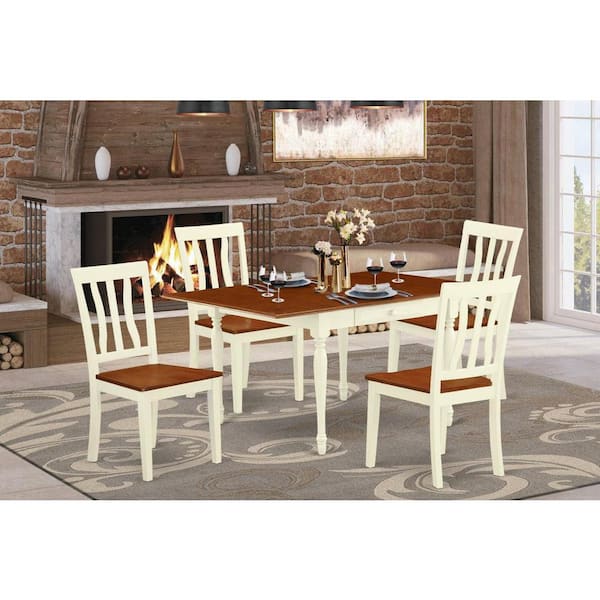 East West Furniture 5-Piece Rectangular Buttermilk and Cherry Solid Wood Top-Dining Room Set with Dropleaf-Seats 4