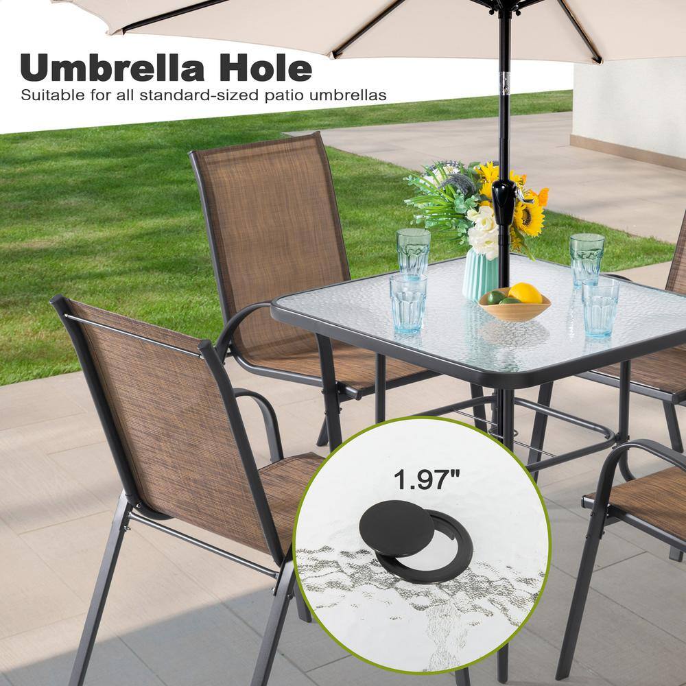 Black Square Metal Outdoor Dining Table with Tempered Glass Top