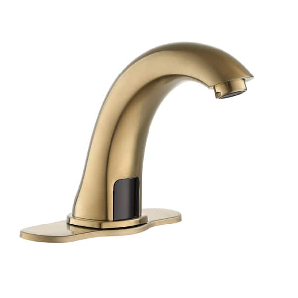 Mondawe Hands-Free Sensor Touchless Single Hole Bathroom Faucet in Brushed Gold with Deck Plate and Valve