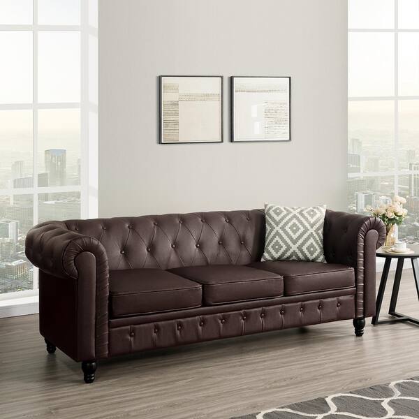 HOMESTOCK 88.58 in. W Round Arm Faux Leather Chesterfield Sofa, Tufted 3-Seat Cushions Rectangle Sofa in. Black Air Leather