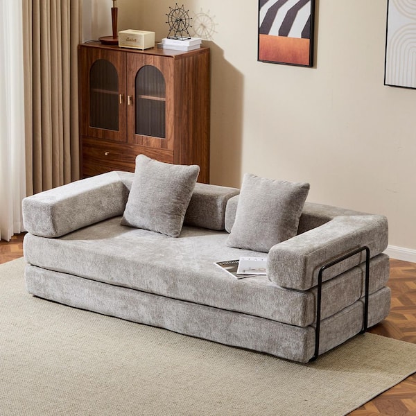 76.77 in. Light Grey Chenille Queen Size Convertible Sofa Bed with Pillow Back, Compressed and No Assembly Required