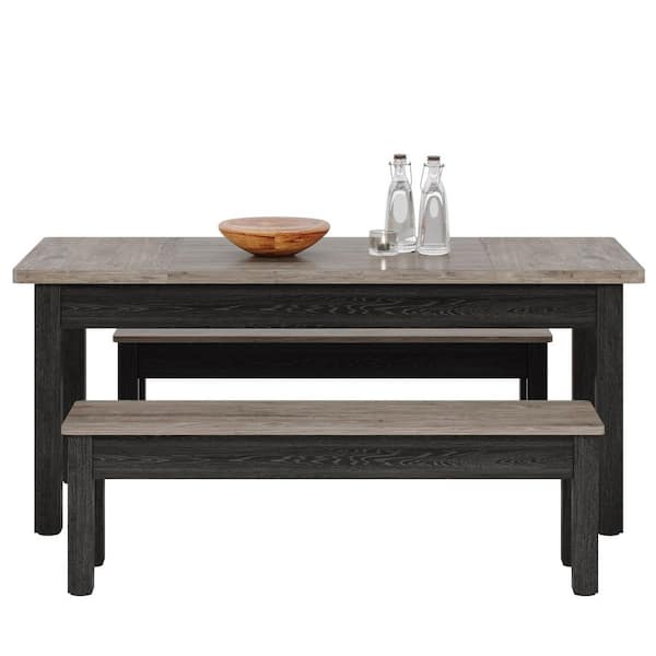 Roesler 3-Piece Rectangle Grey and Black Wood Top 55 in. Dining Table Set Seats-6 with 2 Benches (Grey-Black)