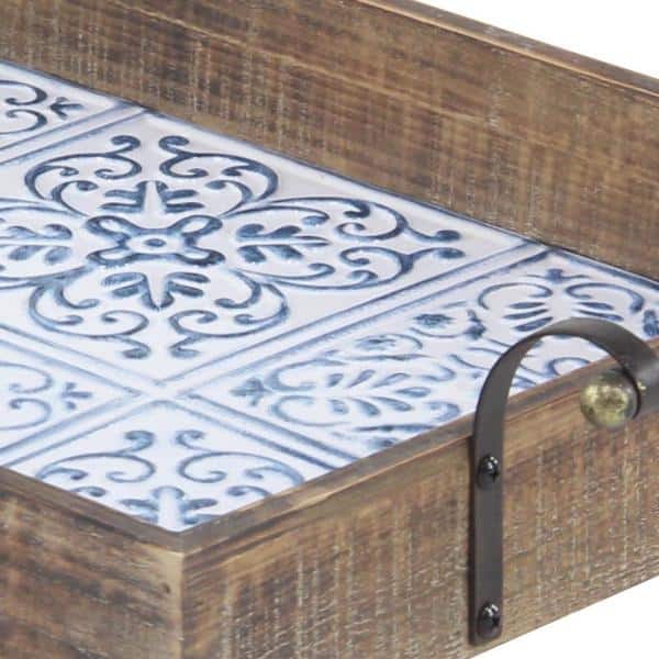 Farmhouse Brown Wood Serving Tray Set with Tile Patterns, 2 Pieces