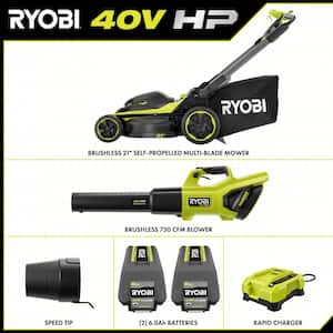 40V HP Brushless 21 in Cordless Walk Behind Multi-Blade Self-Propelled Mower & Blower w/ (2) 6.0 Ah Batteries & Charger