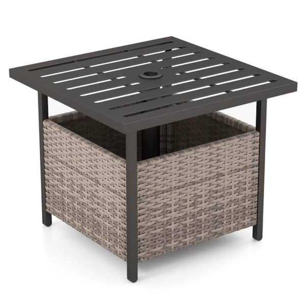 165 lb. Rattan Patio Umbrella Base in Gray, Umbrella Weighted Stand, Outdoor Side Table with Umbrella Hole 1.5 in.