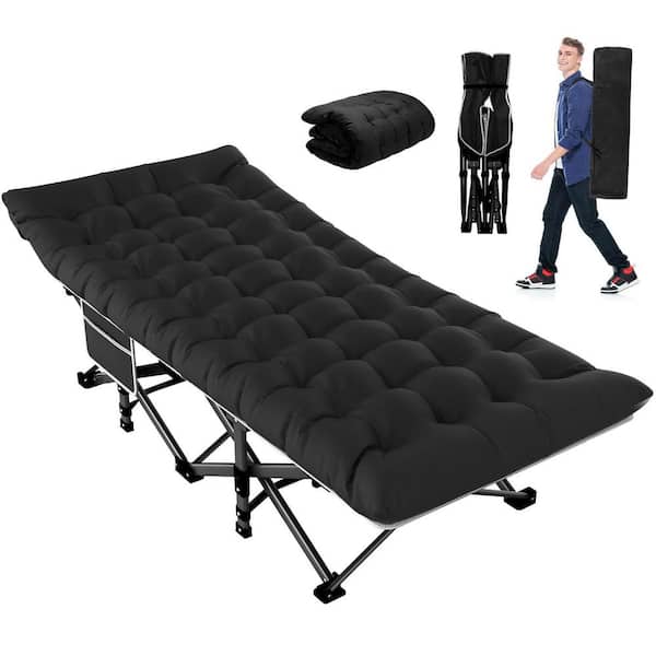 Outdoor Folding Camping Cot with Carry Bag 1200D Oxford Portable Sleeping Camping Cot, Black Bed Plus Black Mattress