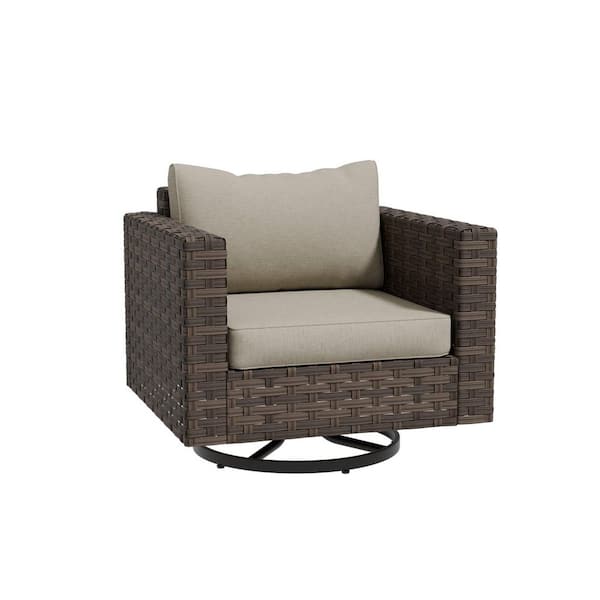 Patio Brown Swivel Wicker Outdoor Rocking Chair with Beige Cushion (1-Pack)