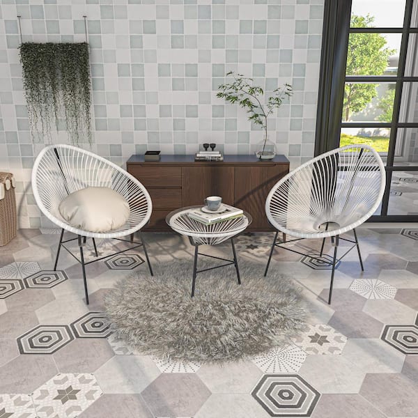 Tunearary White 3 Piece Wicker Patio Conversation Sets with Glass Top Coffee Table