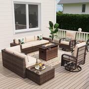 10-Piece Outdoor Rattan Wicker Patio Conversation with Fire Pit Table Swivel Chairs Beige Cushions