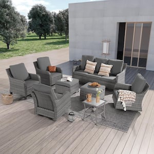 8-Piece Gray Wicker Patio Conversation Set with Swivel Rocking Chairs and Side Table, Gray