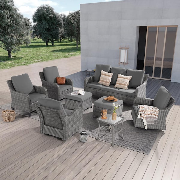 JOYESERY 8-Piece Gray Wicker Patio Conversation Set with Swivel Rocking Chairs and Side Table, Gray