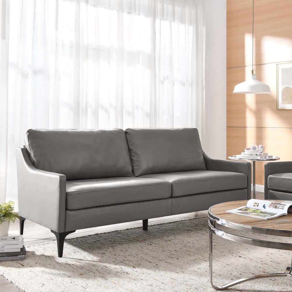 Mid-Century Modern Gray Leather Sofa with Removable Cushions