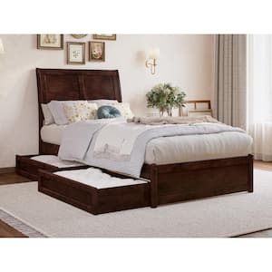 Andorra Walnut Brown Solid Wood Frame Twin XL Platform Bed with Panel Footboard and Storage-Drawers