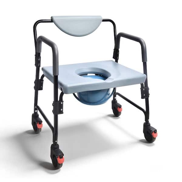 Bedside Commode with Rear Locking Wheels and 7 qt. Commode Bucket, Rolling Shower Chair, Portable Toilet for Elderly