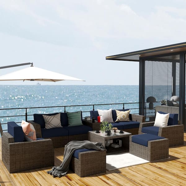 JEAREY 9-Piece All Weather Wicker Patio Conversation Sets with Navy Cushions