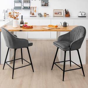 Gray Velvet Bar Stools Swivel Counter Height Dining Chair with Metal Legs Set of 2