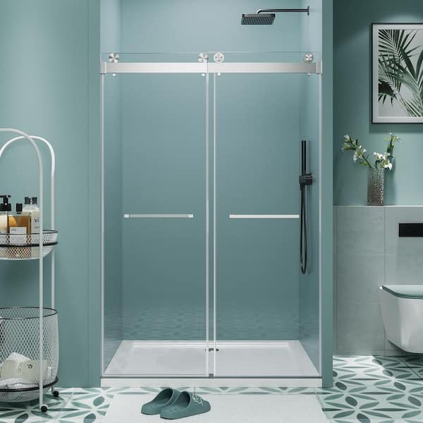 Vitrina 60 in. W x 76 in. H Sliding Frameless Shower Door in Brushed Nickel with Clear Tempered Glass Dual Door Handles