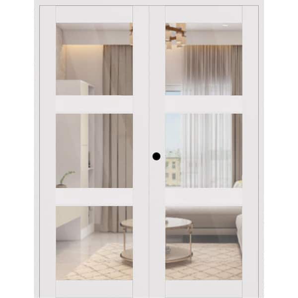Smart Pro 3 Lite 36 in. x 80 in. Right Active 3-Lite Clear Glass Polar White Wood Composite Double Prehung French Door