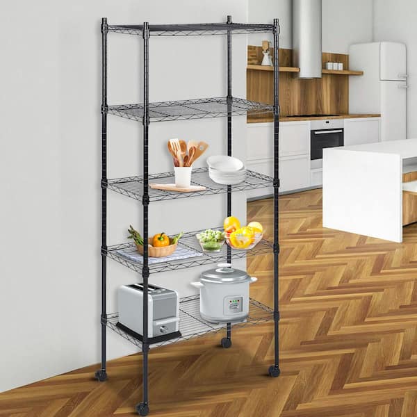 Heavy Duty 5-Shelf Black Metal Pantry Organizer Metal Shelving with Wheels and Leveling Feet