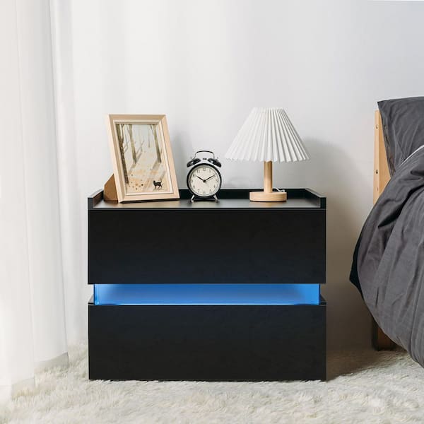 Hommpa Modern LED 2-Drawer Black Nightstand 20.5 in. H x 13.8 in