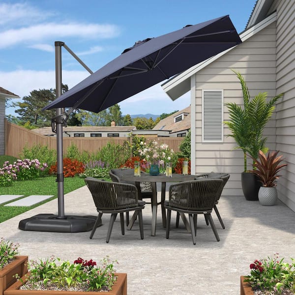 PURPLE LEAF 8 ft. Square Aluminum Outdoor Patio Cantilever Umbrella Offset 360° Rotation Umbrella with Base, Navy Blue