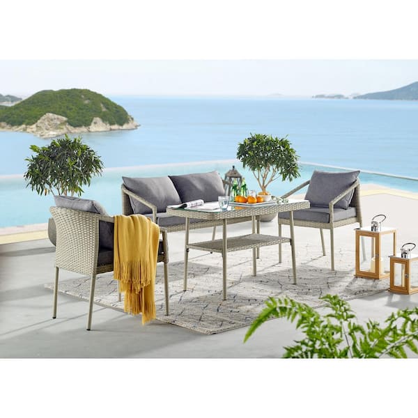 Pure Garden Windham Light Gray 4-Piece All-Weather Wicker Outdoor Conversation Set with Dark Gray Cushions