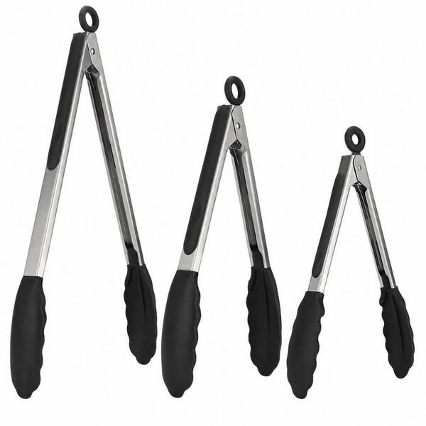 U-Taste 7/9/12 in. Silicone Cooking Tong Set with Rubber Tips and Si-Coated SS Handle, 600ºF Heat Resistant, Black