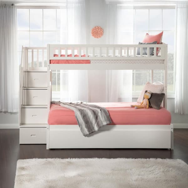Westbrook Staircase Bunk Bed Twin over Full with Full Size Urban Trundle Bed in White