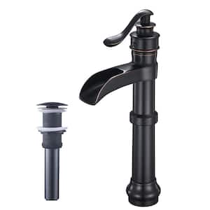 Single Handle Single Hole 3-Hole Bathroom Faucet Oil Rubbed Bronze Tall Waterfall Vessel Sink Faucet with Pop-up Drain