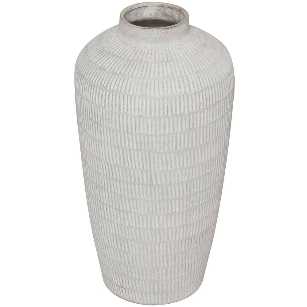 Litton Lane Cream Textured Ceramic Decorative Vase with Linear Pattern, Ivory