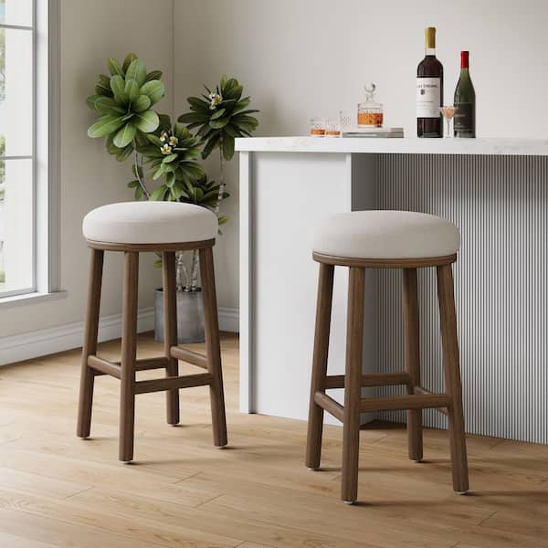 27.36 in. H Walnut and Beige Polyester Upholstered Wood Frame Bar Stool Set of 2 with Crossbars