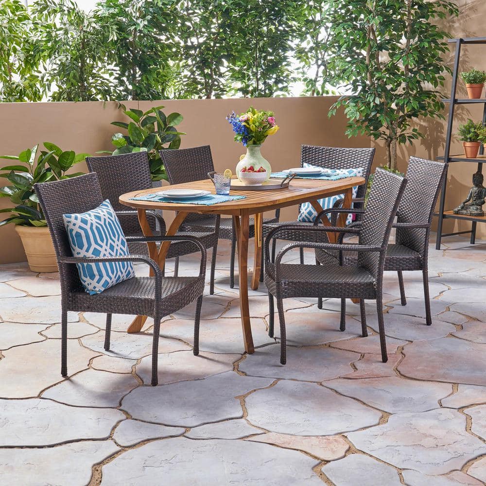 Noble House Jasper Multi-Brown 7-Piece Wood and Faux Rattan Outdoor Dining Set -  42656