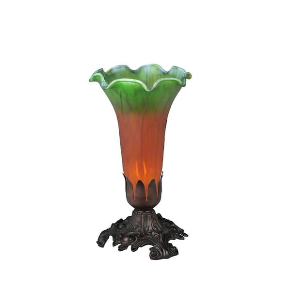 Pond Lily 8 in. Mahogany Bronze Novelty Victorian Buffet Table Lamp with Amber and Green Glass Shade