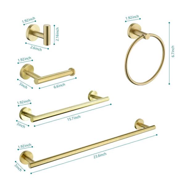 9-Piece Stainless Steel Bath Hardware Set with Towel Bar, Towel Ring, Robe Hook, Toilet Paper Holder in Brushed Gold