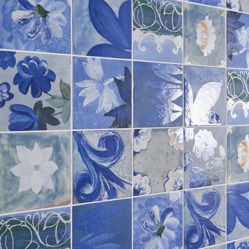 Angela Harris Blue and White Floral Porcelain Wall Tile