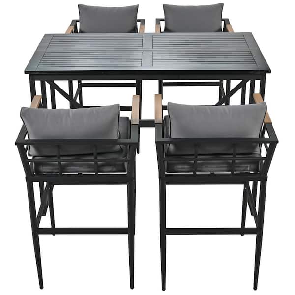 5-Piece Black Metal Outdoor Dining Set with Gray Cushions and Acacia Wood Armrest