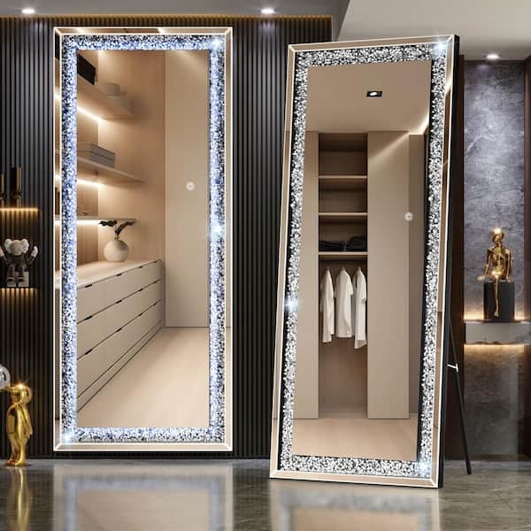 Hasipu Black 26 in. W x 69 in. H Rectangular LED Light Full Length Mirror with Crystal Crush Diamond Free Standing Floor Mirror