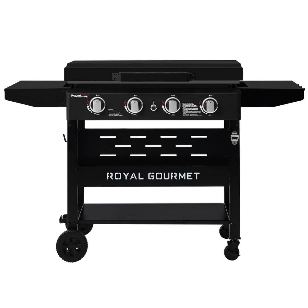 4-Burner Propane Gas Griddle with Hood, Collapsible Side Shelves, 52000 BTU, Electronic Ignition, Black