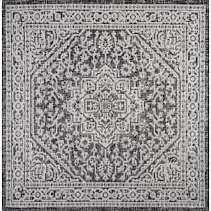 Sinjuri Gray/Black 5 ft. Medallion Textured Weave Indoor/Outdoor Square Area Rug