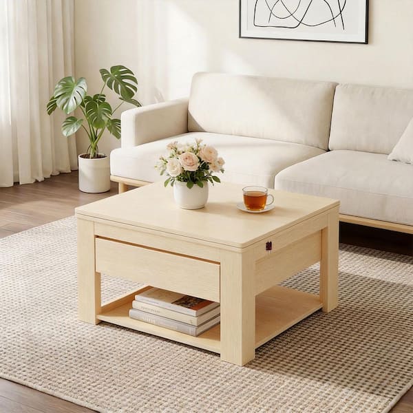FUFU&GAGA 47.2 in. Natural Rectangular Wood Coffee Table with