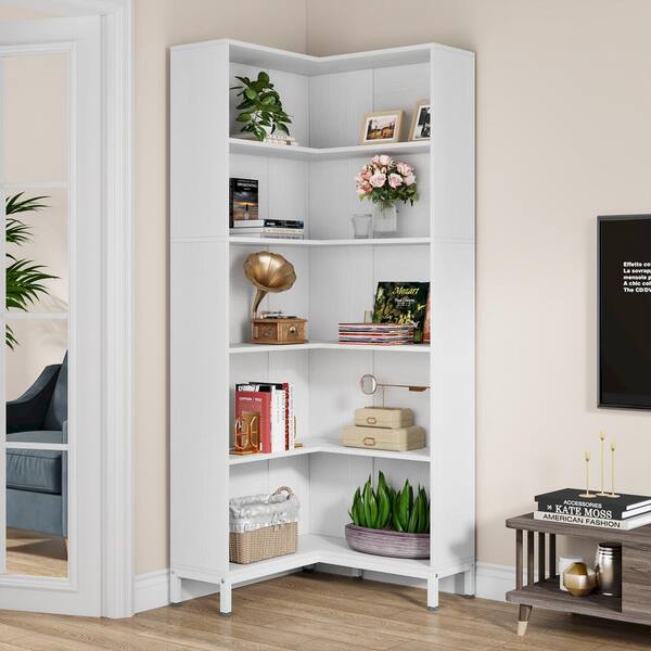 BYBLIGHT Eulas 71 in. Tall White Wood 6 Shelf Standard Bookcase Industrial Etagere Bookcase Freestanding Corner Bookshelves BB XK00525 ZMZ