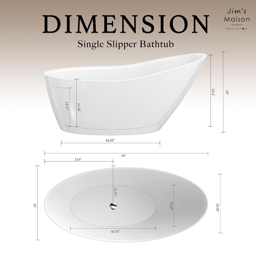 60'' White Acrylic Freestanding Slipper Soaking Bathtub