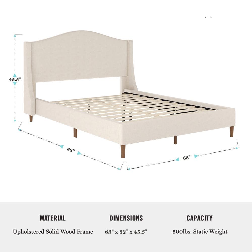 Full Beige Linen Upholstered Platform Bed with Walnut Legs
