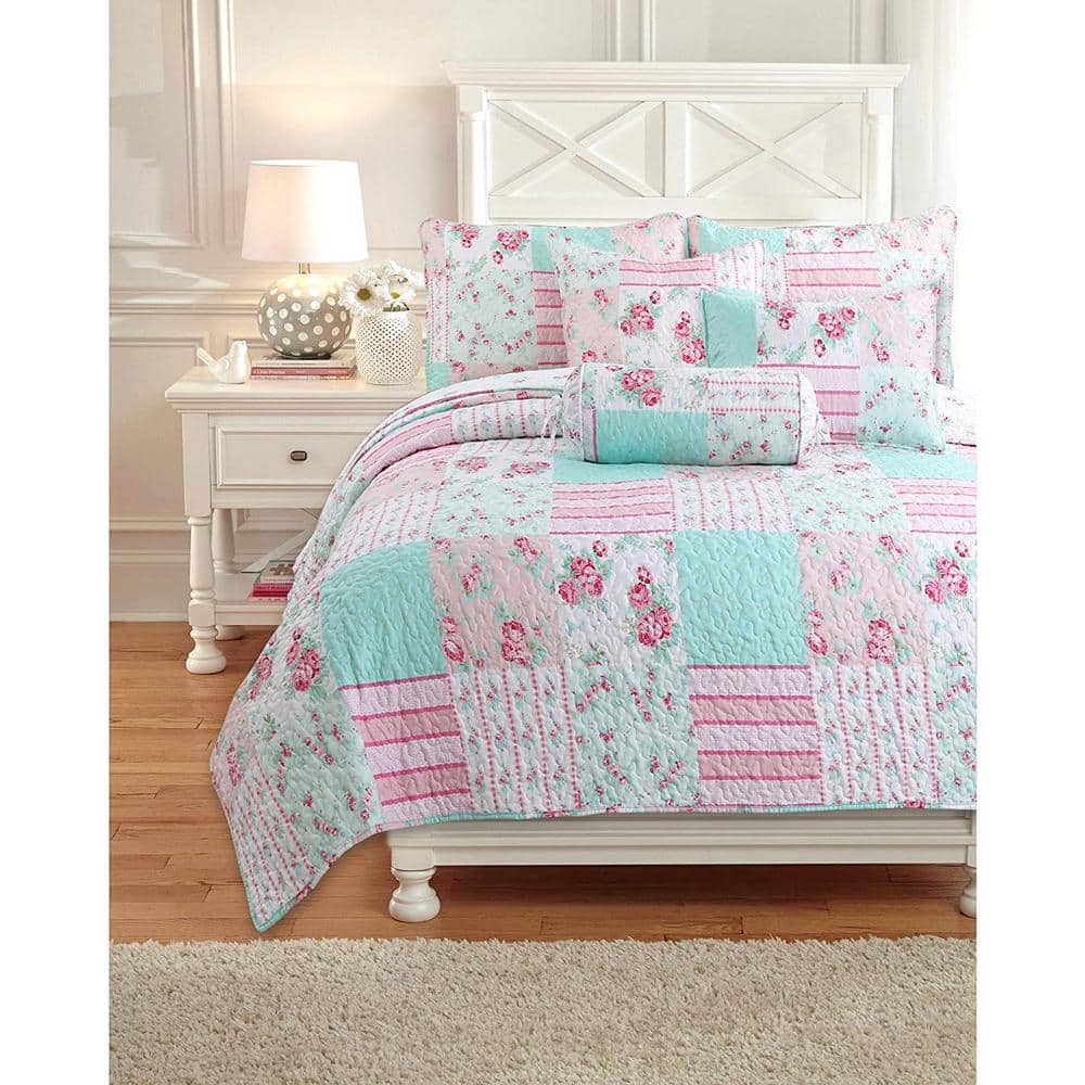 Floral Pink and Blue Polyester 3-Piece Throw Pillow Set