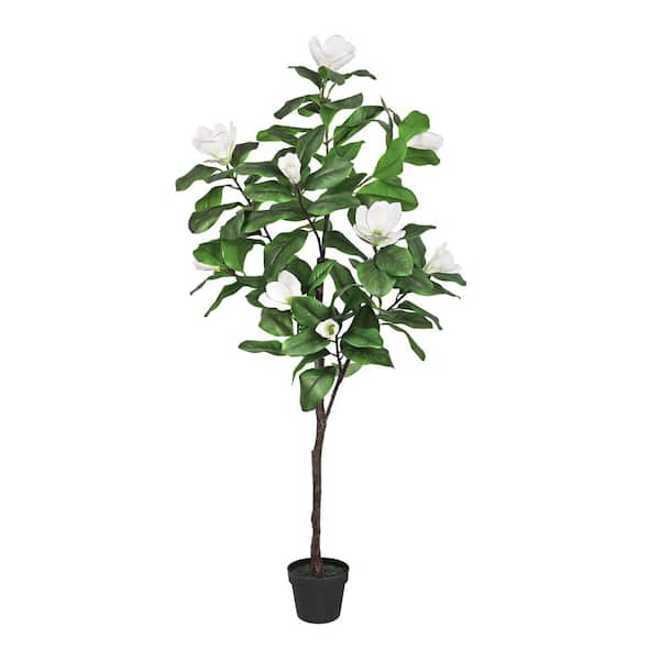 LIVING LUXURY 5 ft. Real Touch White Artificial Magnolia Flower Tree in Black Pot