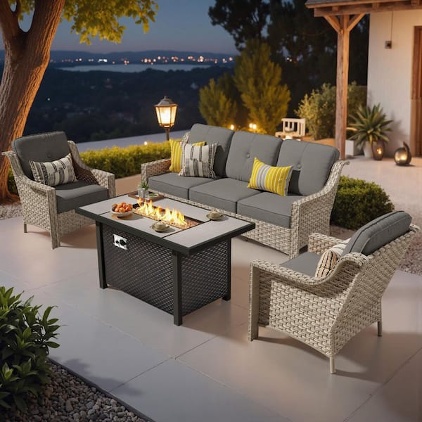 XIZZI EternalOasis 4 Pieces Wicker Outdoor Patio Rectangular Fire Pit Set with Dark Grey Cushions